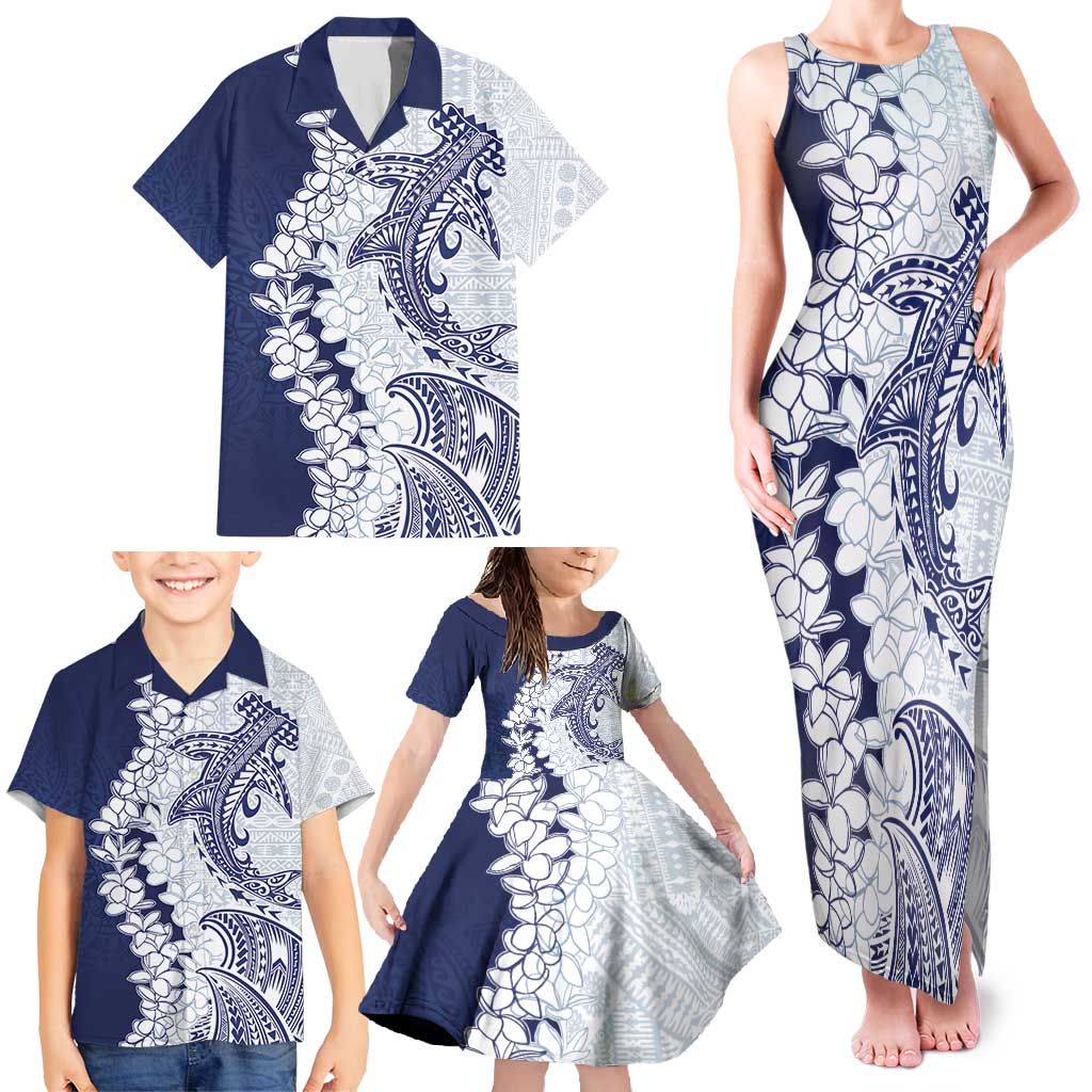 Polynesian Navy Blue Plumeria Lei Family Matching Tank Maxi Dress and Hawaiian Shirt with Hammerhead Shark