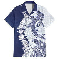Polynesian Navy Blue Plumeria Lei Family Matching Tank Maxi Dress and Hawaiian Shirt with Hammerhead Shark LT7 Dad's Shirt - Short Sleeve Navy Blue - Polynesian Pride