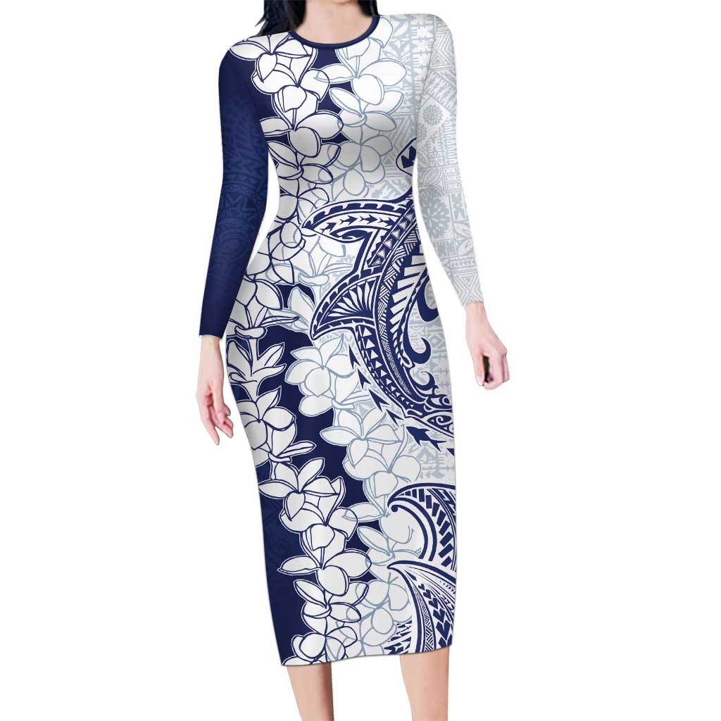 Polynesian Navy Blue Plumeria Lei Long Sleeve Bodycon Dress with Hammerhead Shark LT7 Long Dress Navy Blue - Polynesian Pride