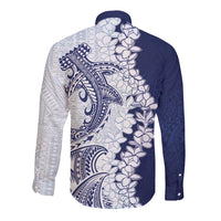 Polynesian Navy Blue Plumeria Lei Long Sleeve Button Shirt with Hammerhead Shark LT7 - Polynesian Pride