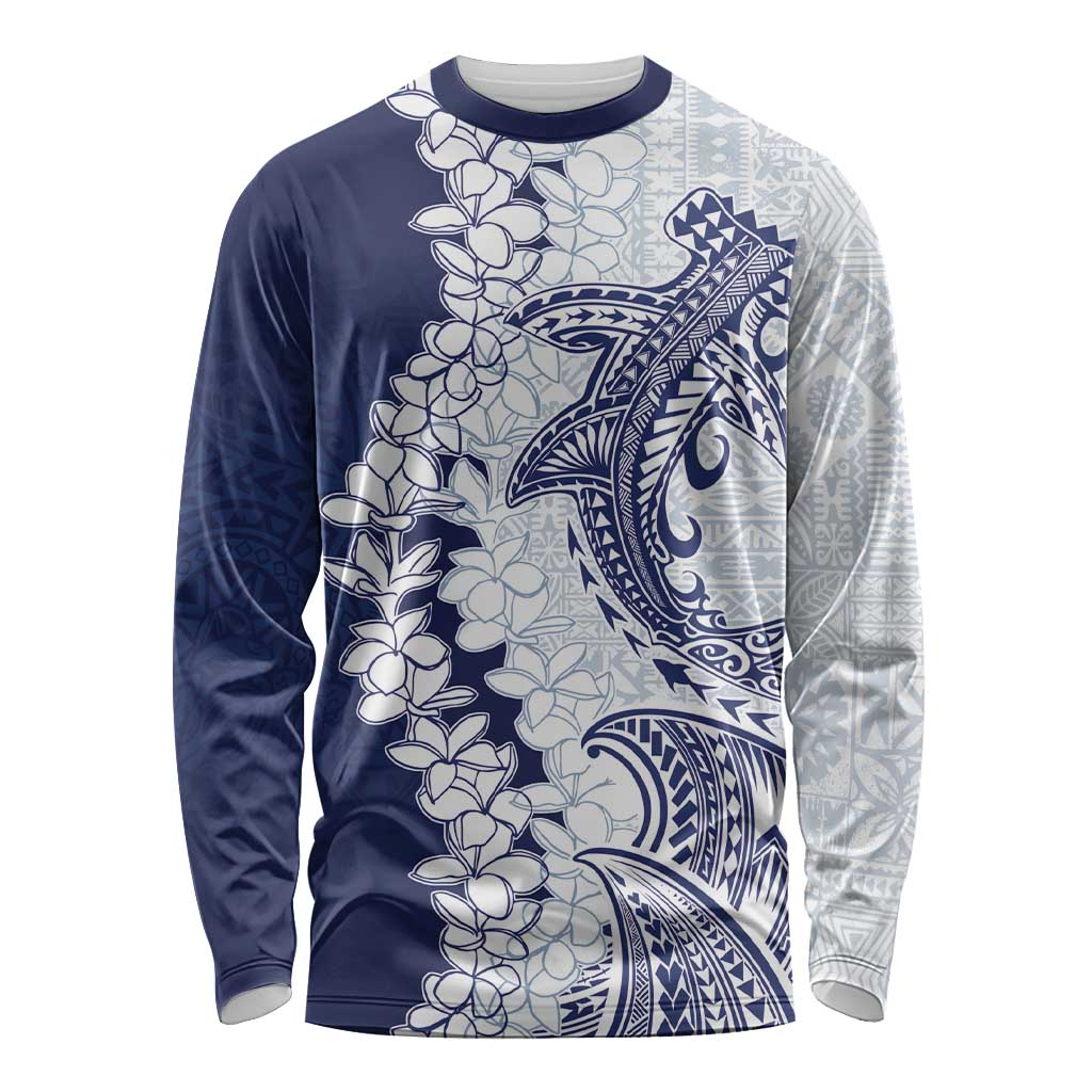 Polynesian Navy Blue Plumeria Lei Long Sleeve Shirt with Hammerhead Shark LT7 Unisex Navy Blue - Polynesian Pride