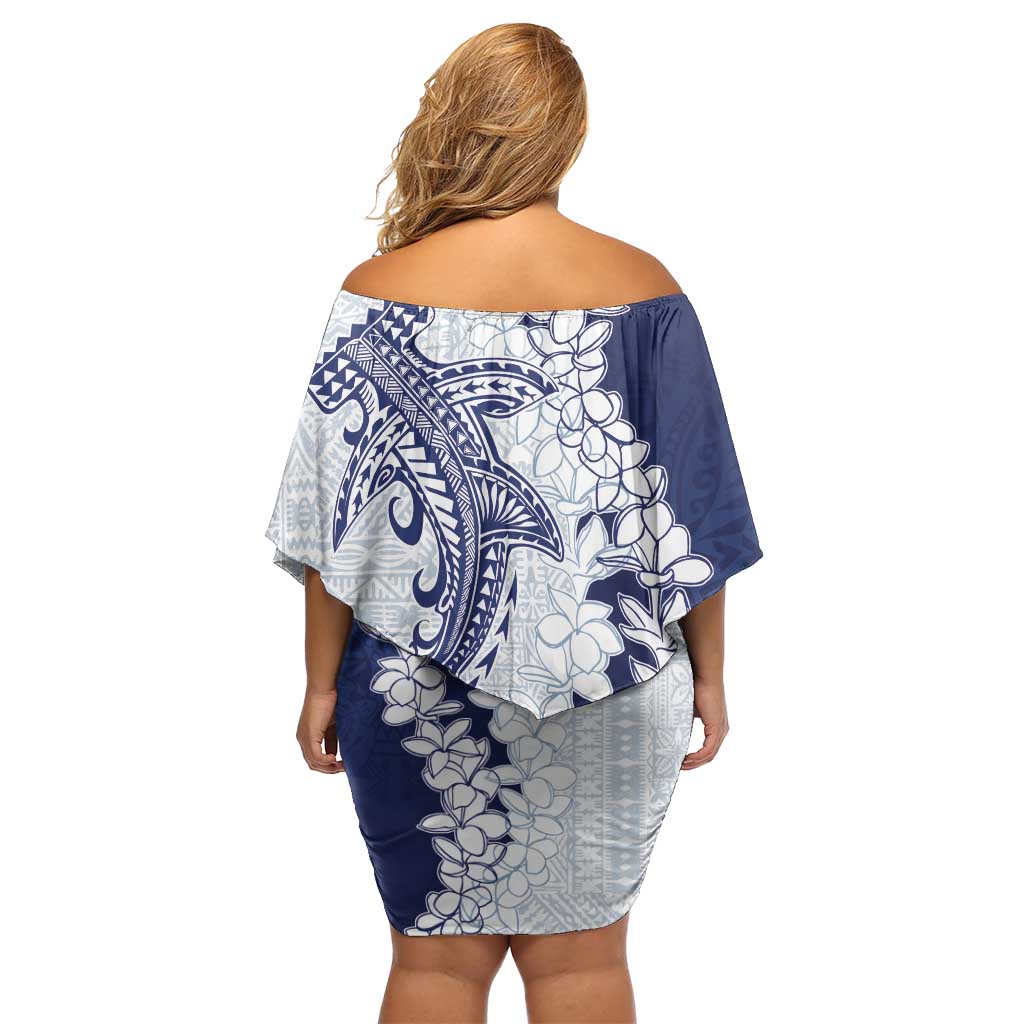 Polynesian Navy Blue Plumeria Lei Off Shoulder Short Dress with Hammerhead Shark