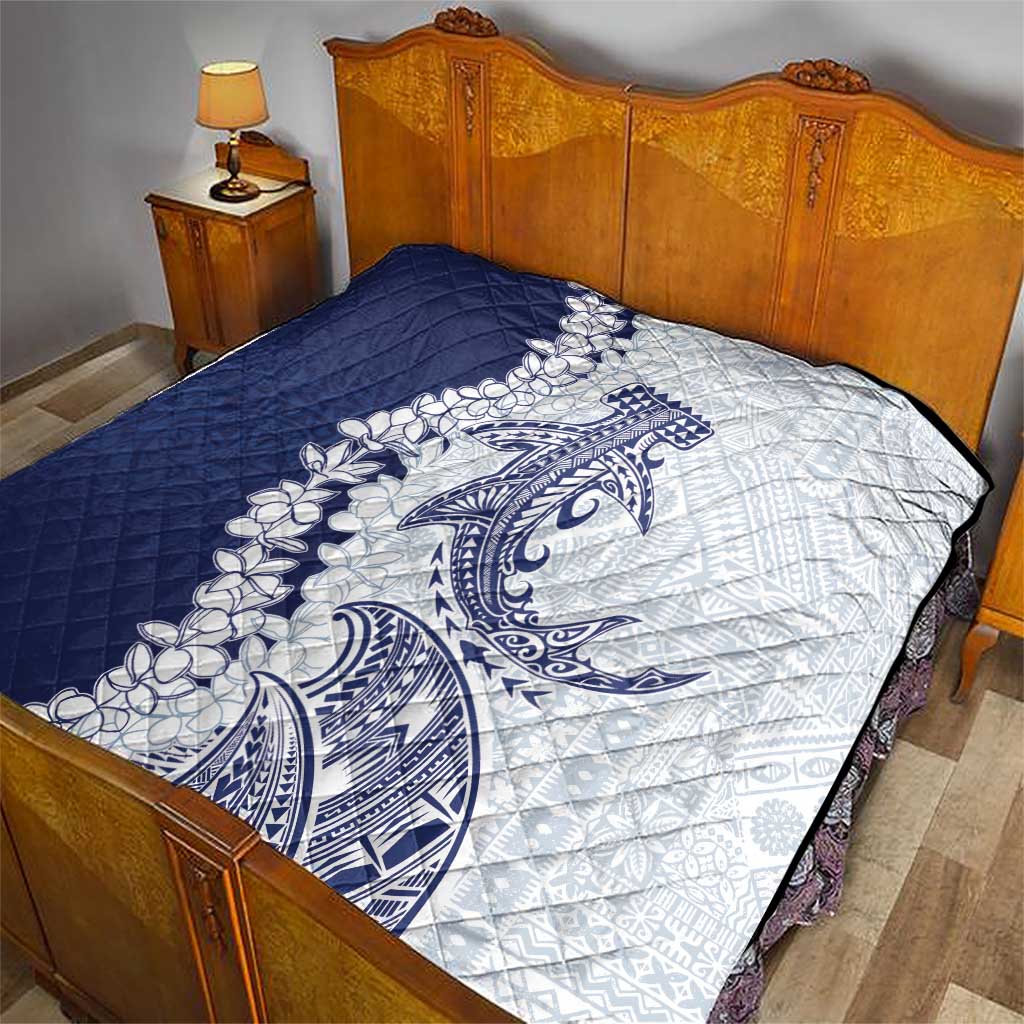 Polynesian Navy Blue Plumeria Lei Quilt with Hammerhead Shark