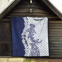 Polynesian Navy Blue Plumeria Lei Quilt with Hammerhead Shark