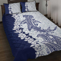 Polynesian Navy Blue Plumeria Lei Quilt Bed Set with Hammerhead Shark
