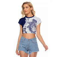 Polynesian Navy Blue Plumeria Lei Raglan Cropped T Shirt with Hammerhead Shark