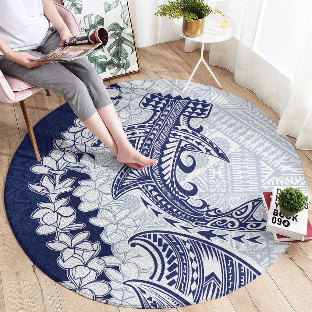 Polynesian Navy Blue Plumeria Lei Round Carpet with Hammerhead Shark LT7 - Polynesian Pride