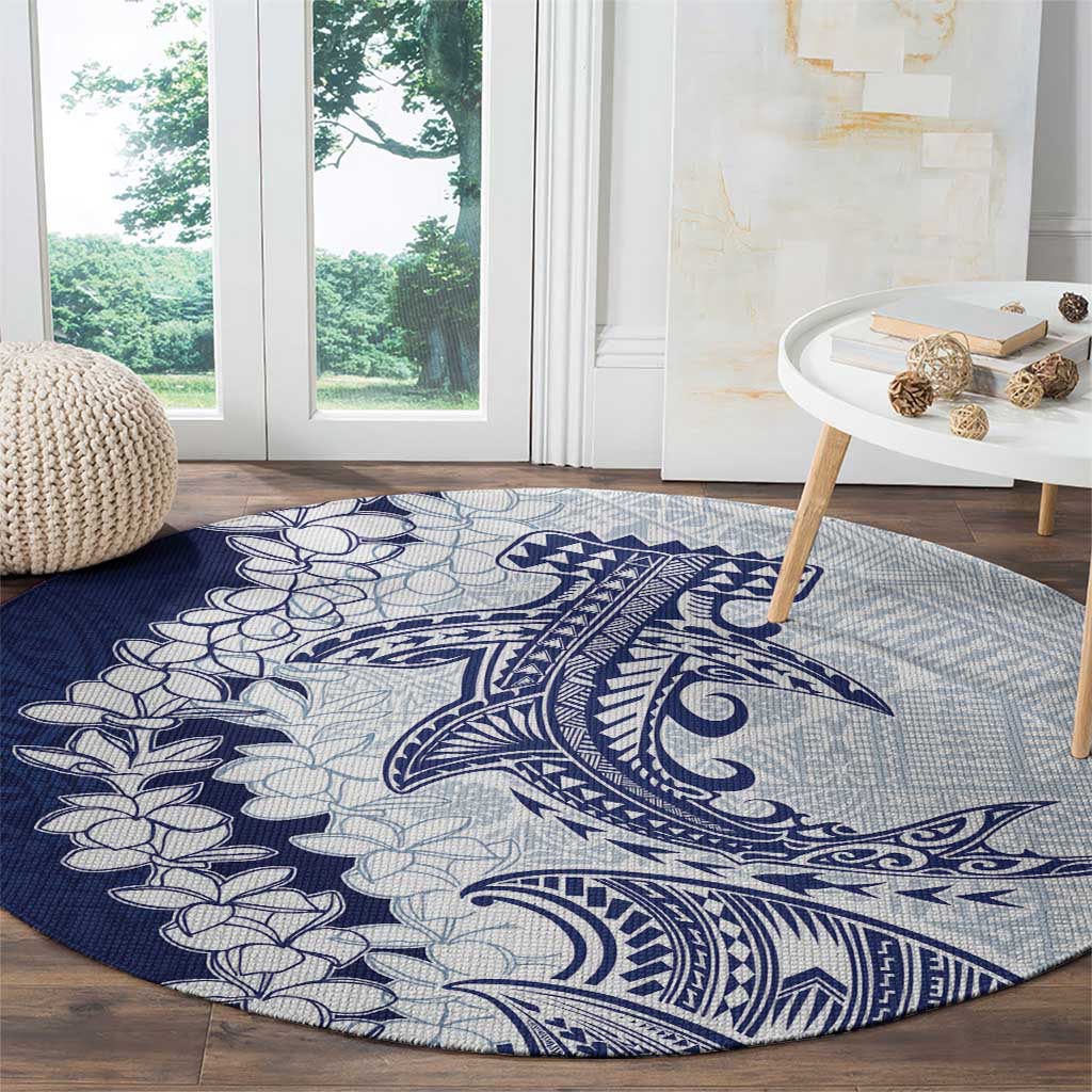 Polynesian Navy Blue Plumeria Lei Round Carpet with Hammerhead Shark LT7 - Polynesian Pride