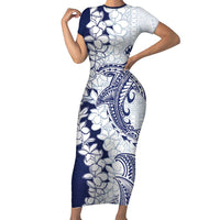 Polynesian Navy Blue Plumeria Lei Short Sleeve Bodycon Dress with Hammerhead Shark LT7 Long Dress Navy Blue - Polynesian Pride