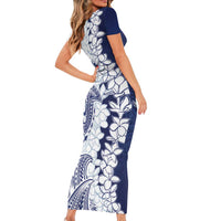 Polynesian Navy Blue Plumeria Lei Short Sleeve Bodycon Dress with Hammerhead Shark LT7 - Polynesian Pride