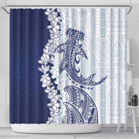 Polynesian Navy Blue Plumeria Lei Shower Curtain with Hammerhead Shark