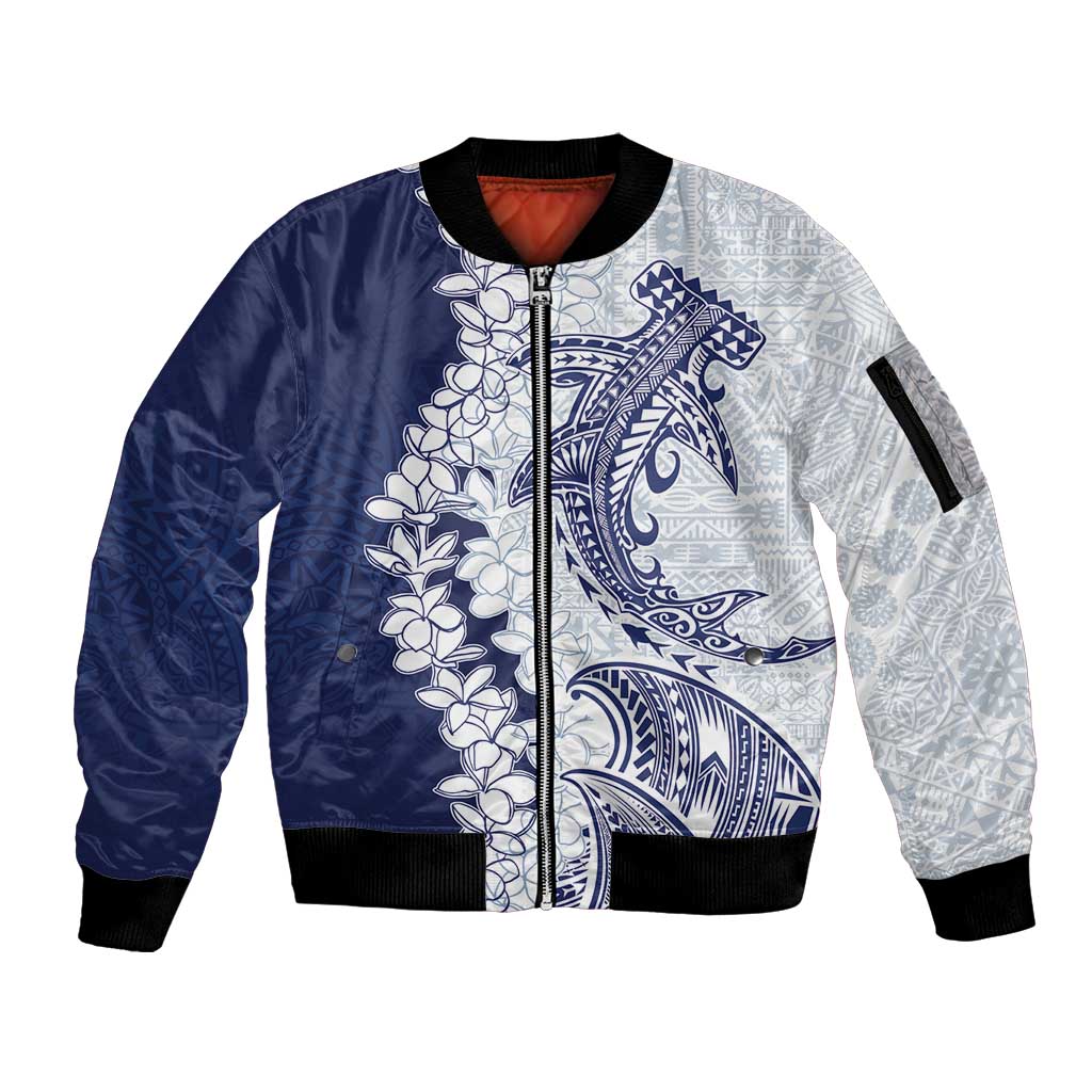 Polynesian Navy Blue Plumeria Lei Sleeve Zip Bomber Jacket with Hammerhead Shark LT7 Unisex Navy Blue - Polynesian Pride