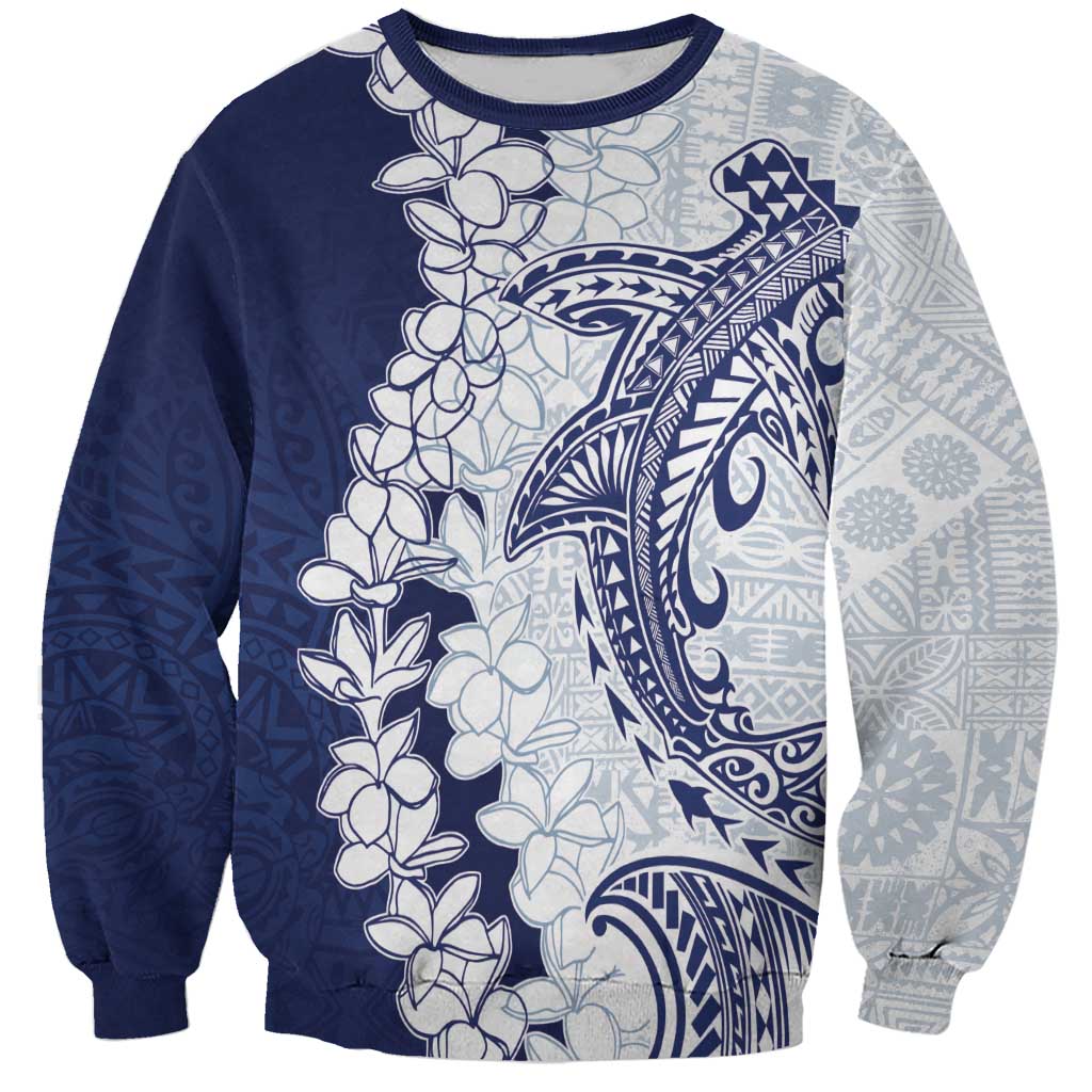 Polynesian Navy Blue Plumeria Lei Sweatshirt with Hammerhead Shark