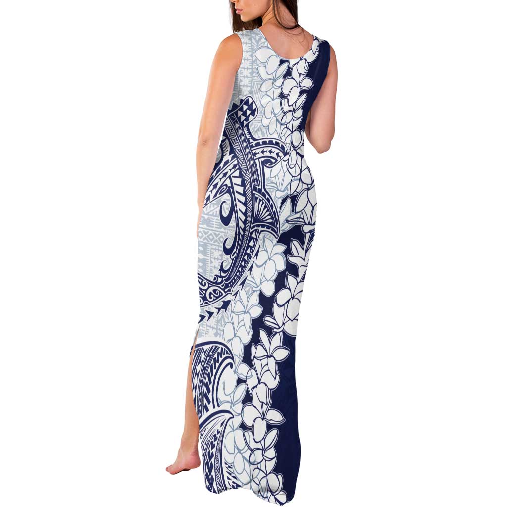 Polynesian Navy Blue Plumeria Lei Tank Maxi Dress with Hammerhead Shark LT7 - Polynesian Pride