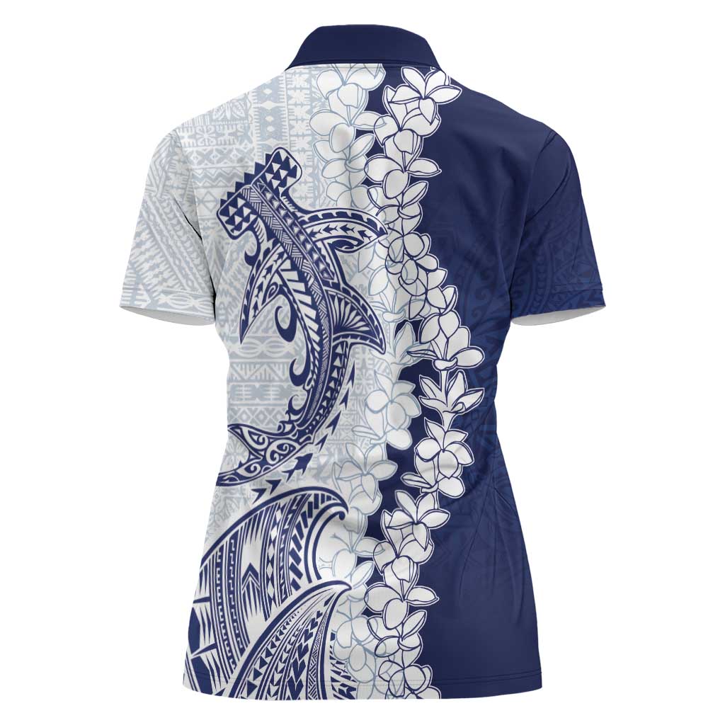 Polynesian Navy Blue Plumeria Lei Women Polo Shirt with Hammerhead Shark