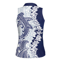 Polynesian Navy Blue Plumeria Lei Women Sleeveless Polo Shirt with Hammerhead Shark