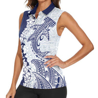 Polynesian Navy Blue Plumeria Lei Women Sleeveless Polo Shirt with Hammerhead Shark
