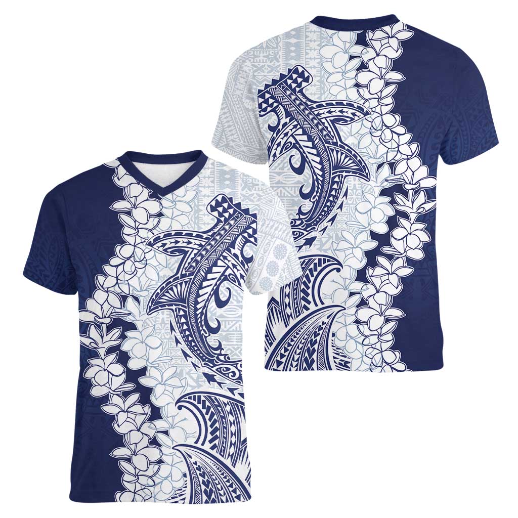 Polynesian Navy Blue Plumeria Lei Women V-Neck T-Shirt with Hammerhead Shark