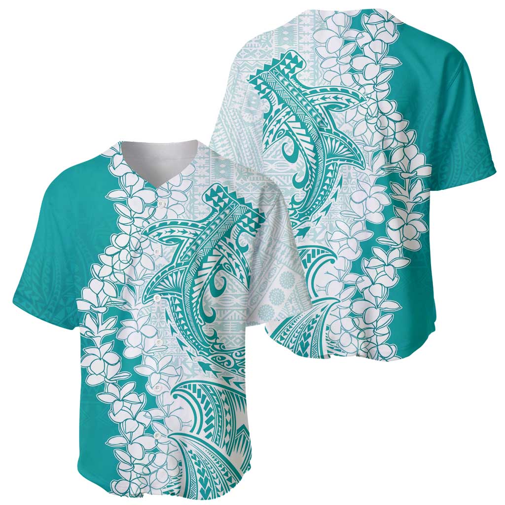 Polynesian Teal Plumeria Lei Baseball Jersey with Hammerhead Shark LT7 - Polynesian Pride