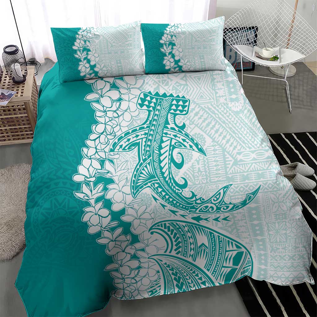 Polynesian Teal Plumeria Lei Bedding Set with Hammerhead Shark