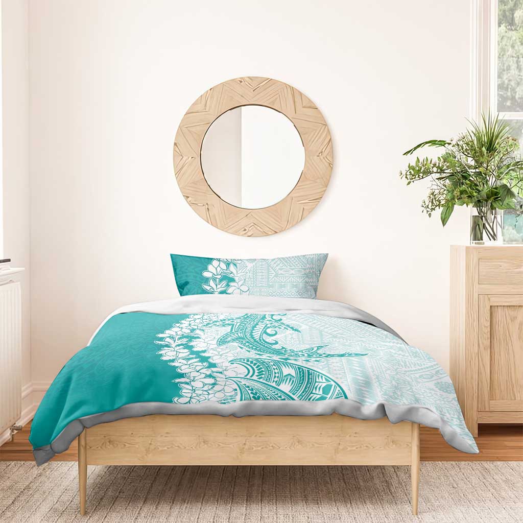 Polynesian Teal Plumeria Lei Bedding Set with Hammerhead Shark