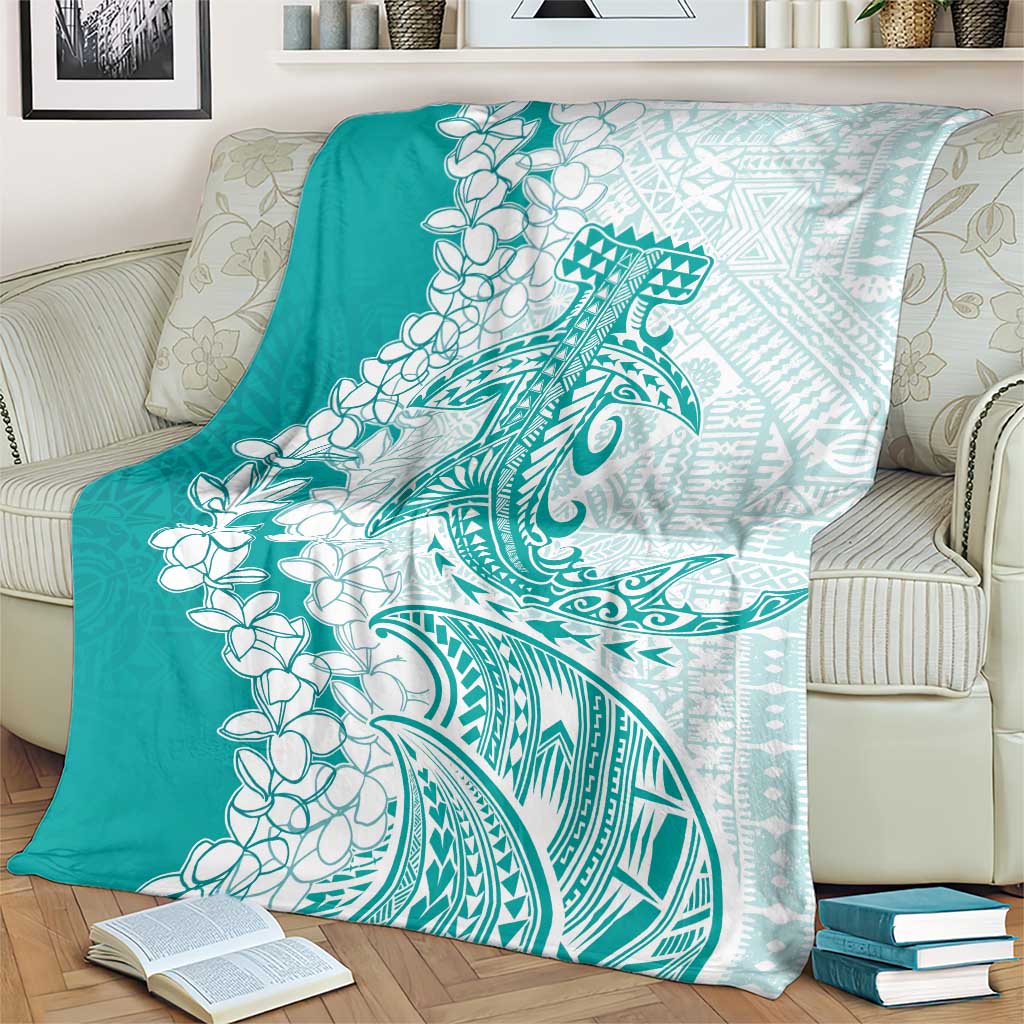 Polynesian Teal Plumeria Lei Blanket with Hammerhead Shark