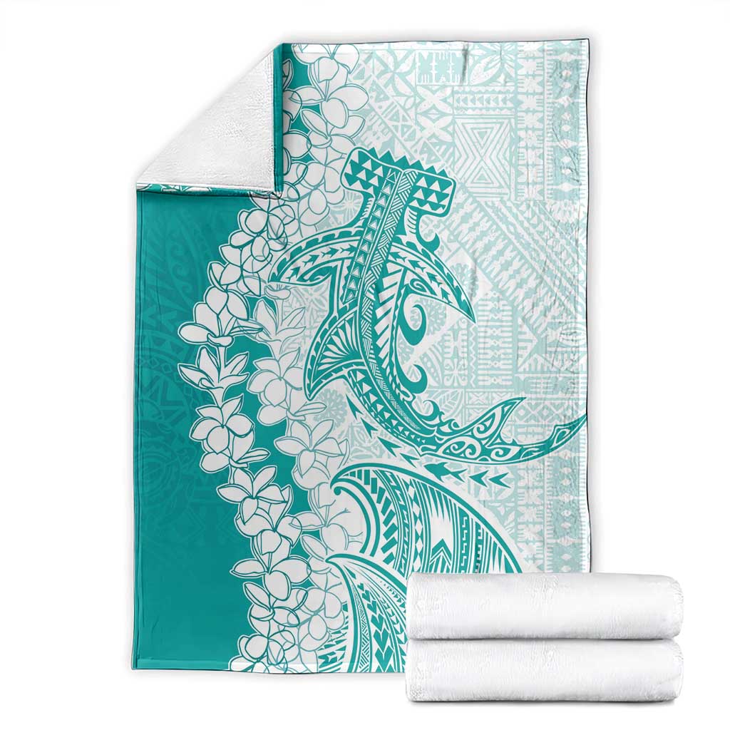 Polynesian Teal Plumeria Lei Blanket with Hammerhead Shark