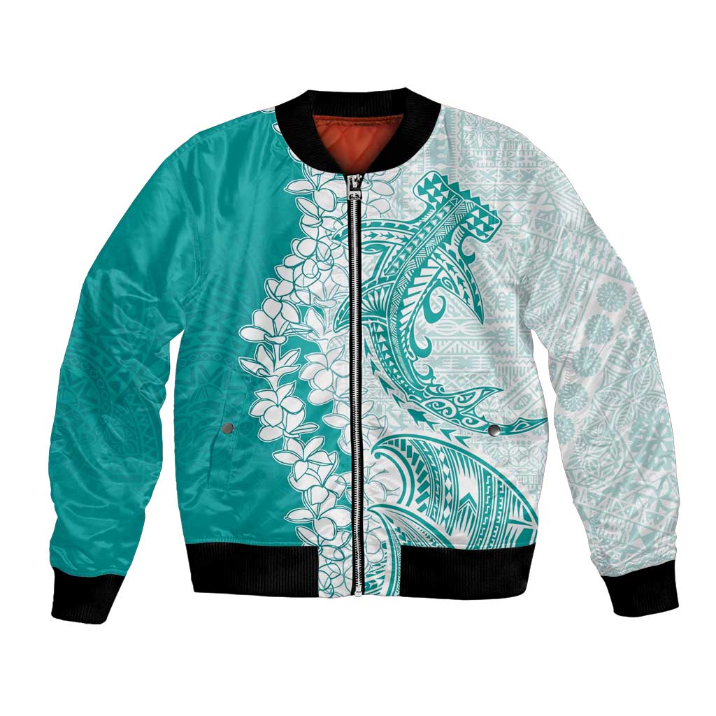 Polynesian Teal Plumeria Lei Bomber Jacket with Hammerhead Shark LT7 Unisex Teal - Polynesian Pride