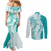 Polynesian Teal Plumeria Lei Couples Matching Mermaid Dress and Long Sleeve Button Shirt with Hammerhead Shark