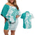 Polynesian Teal Plumeria Lei Couples Matching Off Shoulder Short Dress and Hawaiian Shirt with Hammerhead Shark