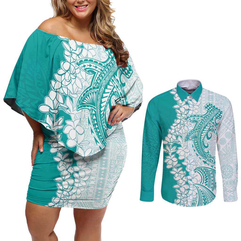 Polynesian Teal Plumeria Lei Couples Matching Off Shoulder Short Dress and Long Sleeve Button Shirt with Hammerhead Shark