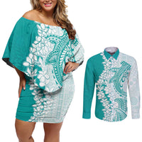 Polynesian Teal Plumeria Lei Couples Matching Off Shoulder Short Dress and Long Sleeve Button Shirt with Hammerhead Shark
