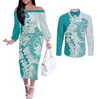Polynesian Teal Plumeria Lei Couples Matching Off The Shoulder Long Sleeve Dress and Long Sleeve Button Shirt with Hammerhead Shark