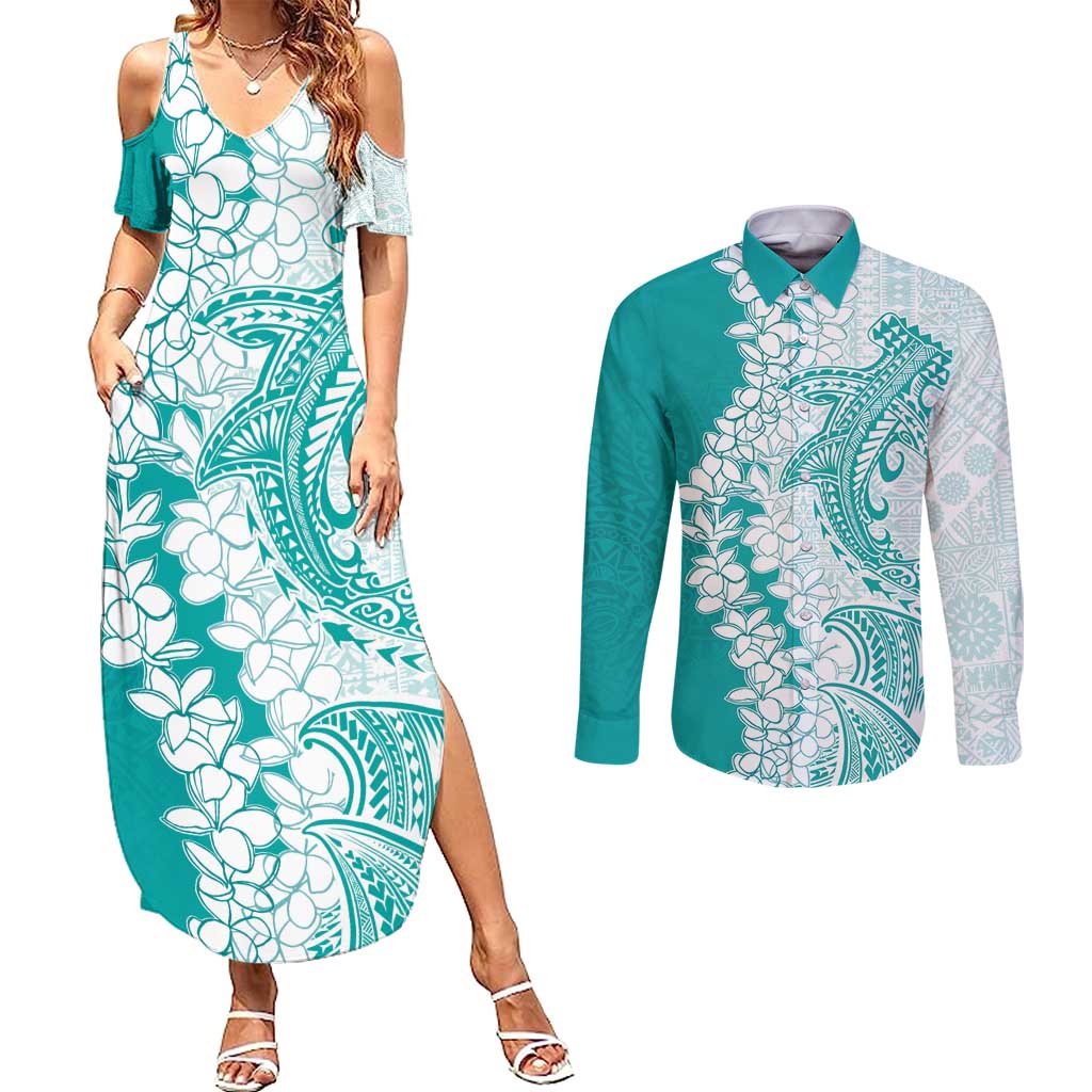 Polynesian Teal Plumeria Lei Couples Matching Summer Maxi Dress and Long Sleeve Button Shirt with Hammerhead Shark