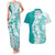 Polynesian Teal Plumeria Lei Couples Matching Tank Maxi Dress and Hawaiian Shirt with Hammerhead Shark