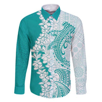Polynesian Teal Plumeria Lei Family Matching Mermaid Dress and Hawaiian Shirt with Hammerhead Shark LT7 Dad's Shirt - Long Sleeve Teal - Polynesian Pride