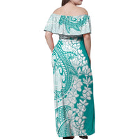 Polynesian Teal Plumeria Lei Family Matching Off Shoulder Maxi Dress and Hawaiian Shirt with Hammerhead Shark