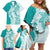 Polynesian Teal Plumeria Lei Family Matching Off Shoulder Short Dress and Hawaiian Shirt with Hammerhead Shark