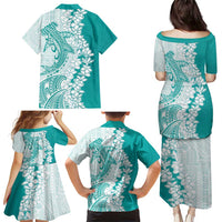Polynesian Teal Plumeria Lei Family Matching Puletasi and Hawaiian Shirt with Hammerhead Shark