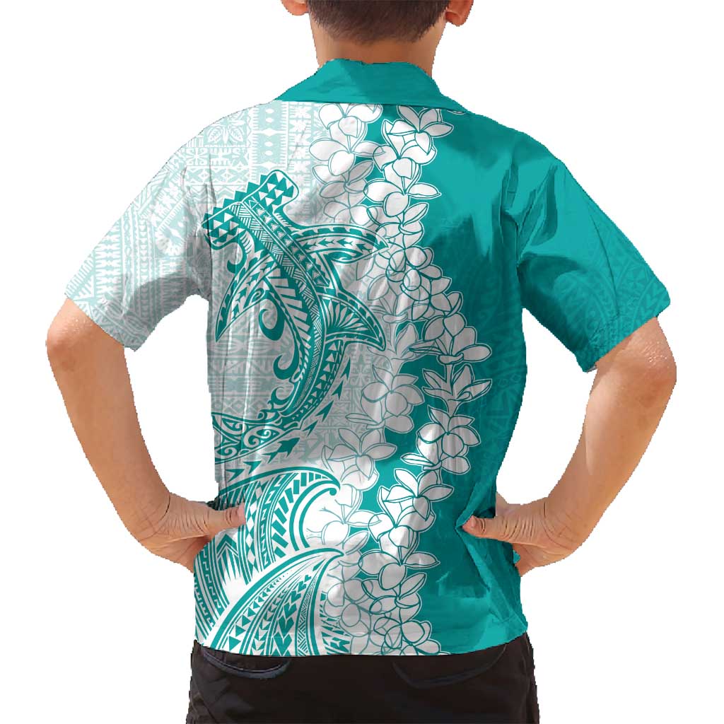 Polynesian Teal Plumeria Lei Family Matching Tank Maxi Dress and Hawaiian Shirt with Hammerhead Shark LT7 - Polynesian Pride