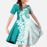 Polynesian Teal Plumeria Lei Family Matching Tank Maxi Dress and Hawaiian Shirt with Hammerhead Shark LT7 Daughter's Dress Teal - Polynesian Pride