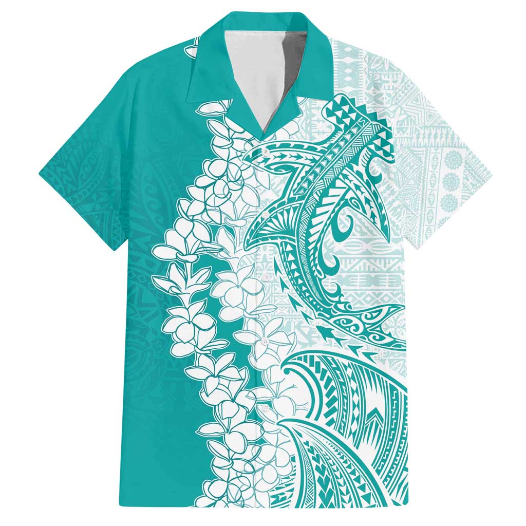 Polynesian Teal Plumeria Lei Family Matching Tank Maxi Dress and Hawaiian Shirt with Hammerhead Shark LT7 Dad's Shirt - Short Sleeve Teal - Polynesian Pride