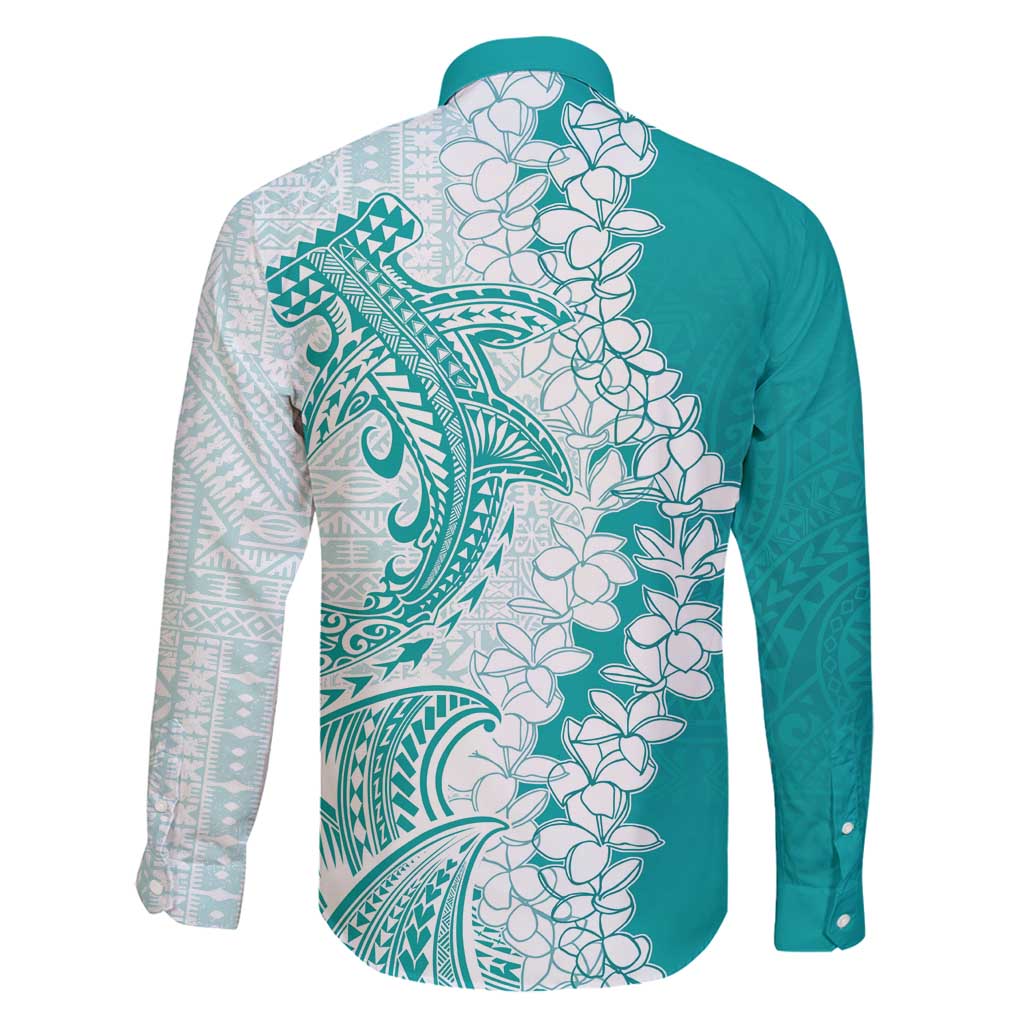 Polynesian Teal Plumeria Lei Family Matching Tank Maxi Dress and Hawaiian Shirt with Hammerhead Shark LT7 - Polynesian Pride
