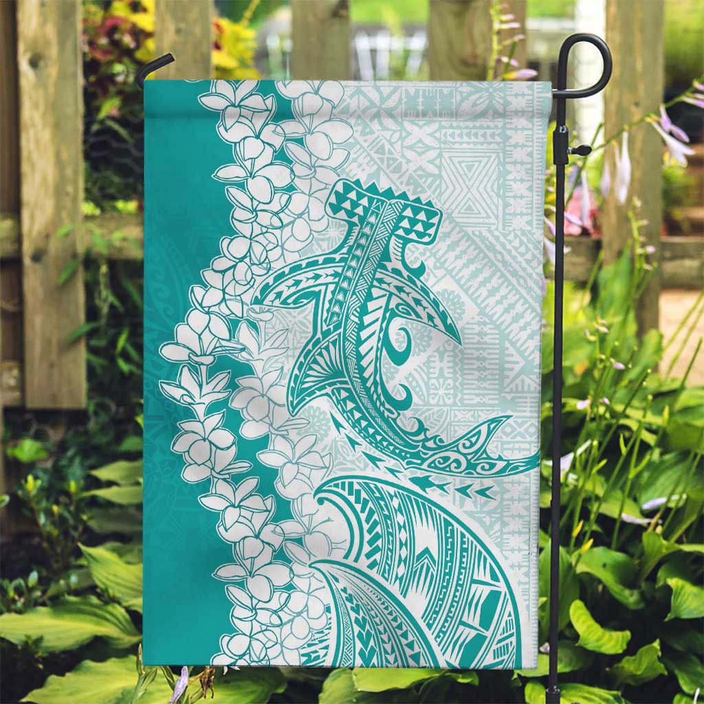 Polynesian Teal Plumeria Lei Garden Flag with Hammerhead Shark