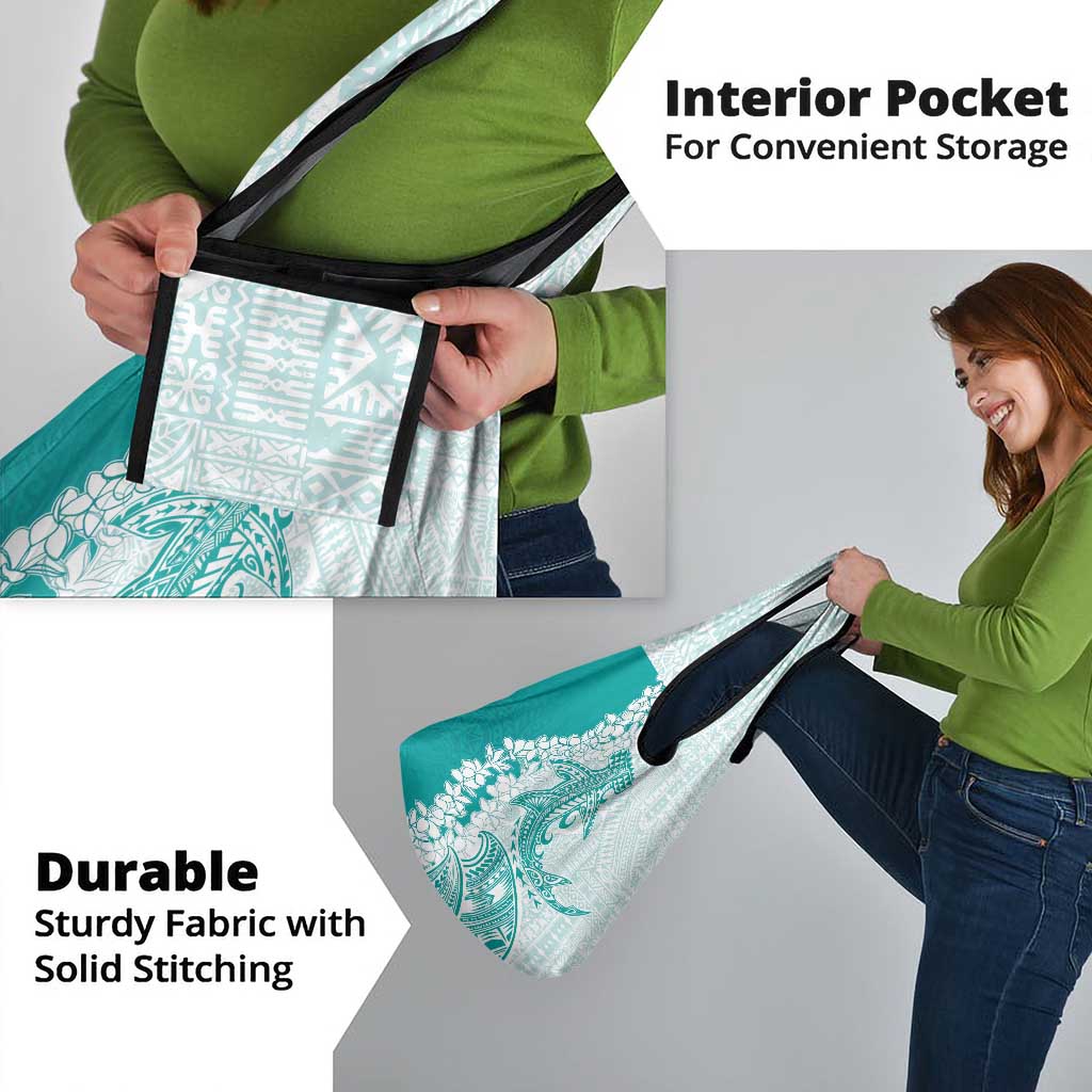 Polynesian Teal Plumeria Lei Grocery Bag with Hammerhead Shark