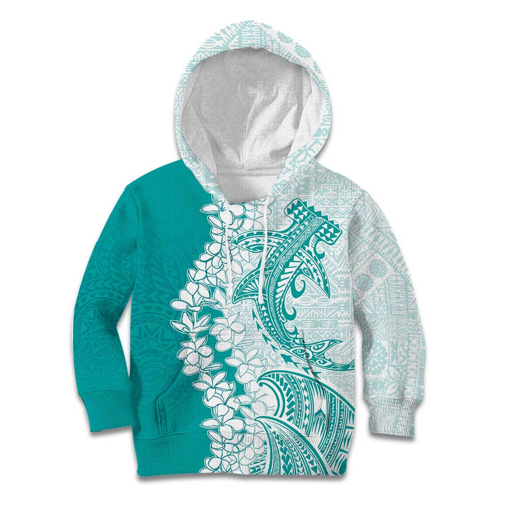 Polynesian Teal Plumeria Lei Kid Hoodie with Hammerhead Shark LT7 Hoodie Teal - Polynesian Pride
