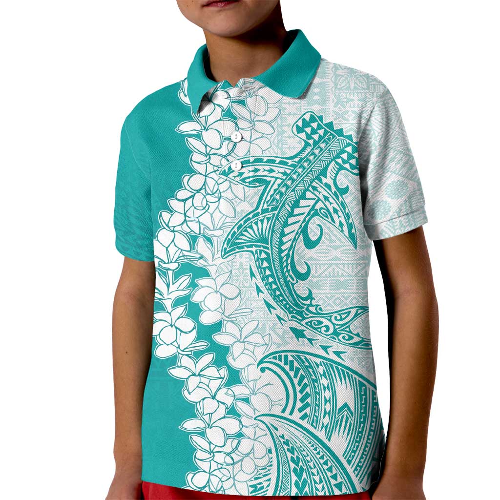 Polynesian Teal Plumeria Lei Kid Polo Shirt with Hammerhead Shark LT7 Kid Teal - Polynesian Pride