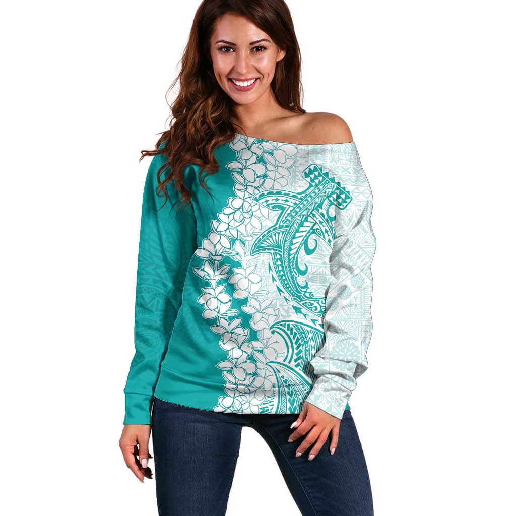 Polynesian Teal Plumeria Lei Off Shoulder Sweater with Hammerhead Shark LT7 Women Teal - Polynesian Pride