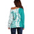 Polynesian Teal Plumeria Lei Off Shoulder Sweater with Hammerhead Shark