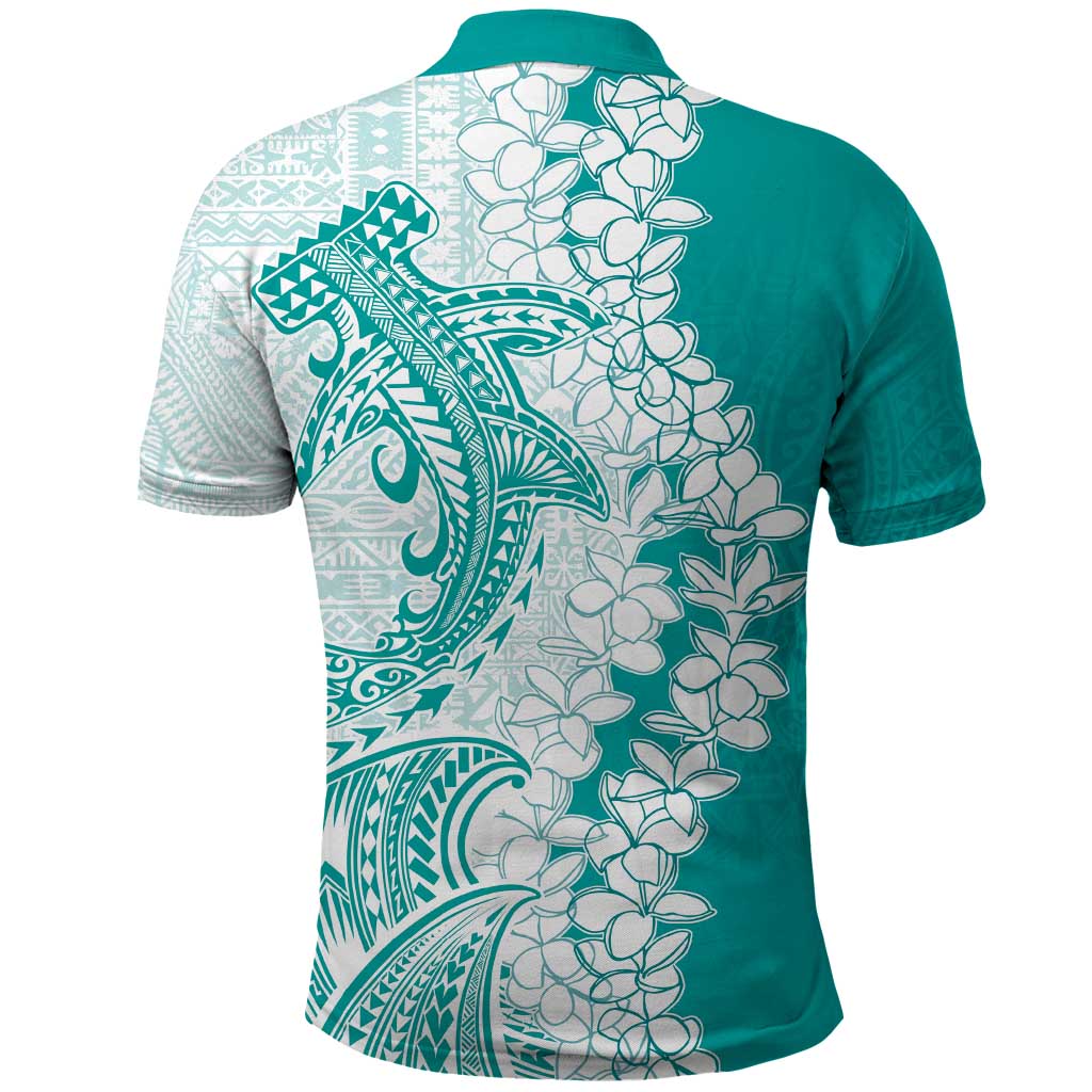 Polynesian Teal Plumeria Lei Polo Shirt with Hammerhead Shark